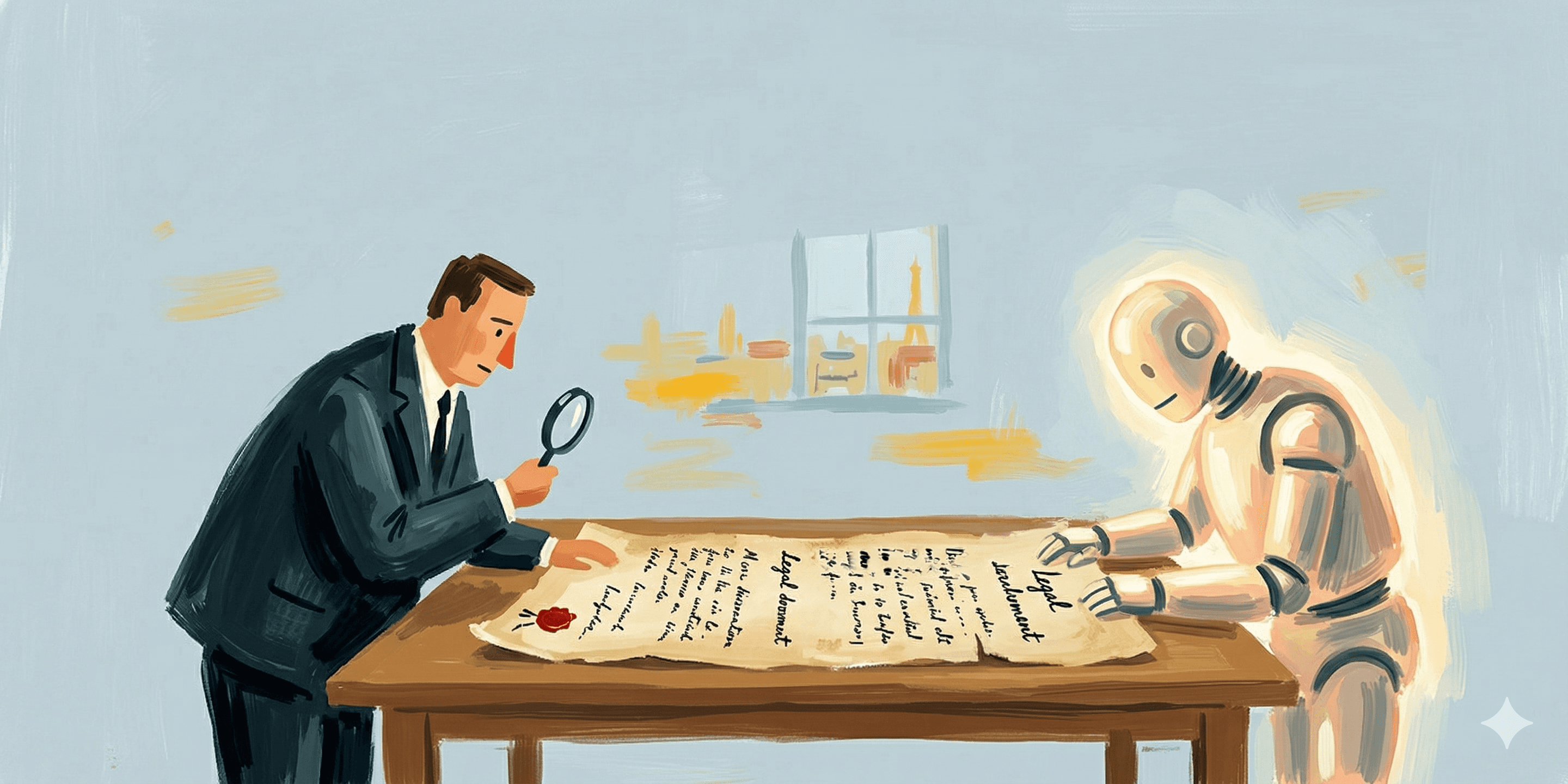 Painterly editorial illustration of a man in a business suit examining a legal contract with a magnifying glass alongside a glowing AI robot, both reviewing the document together at a wooden table