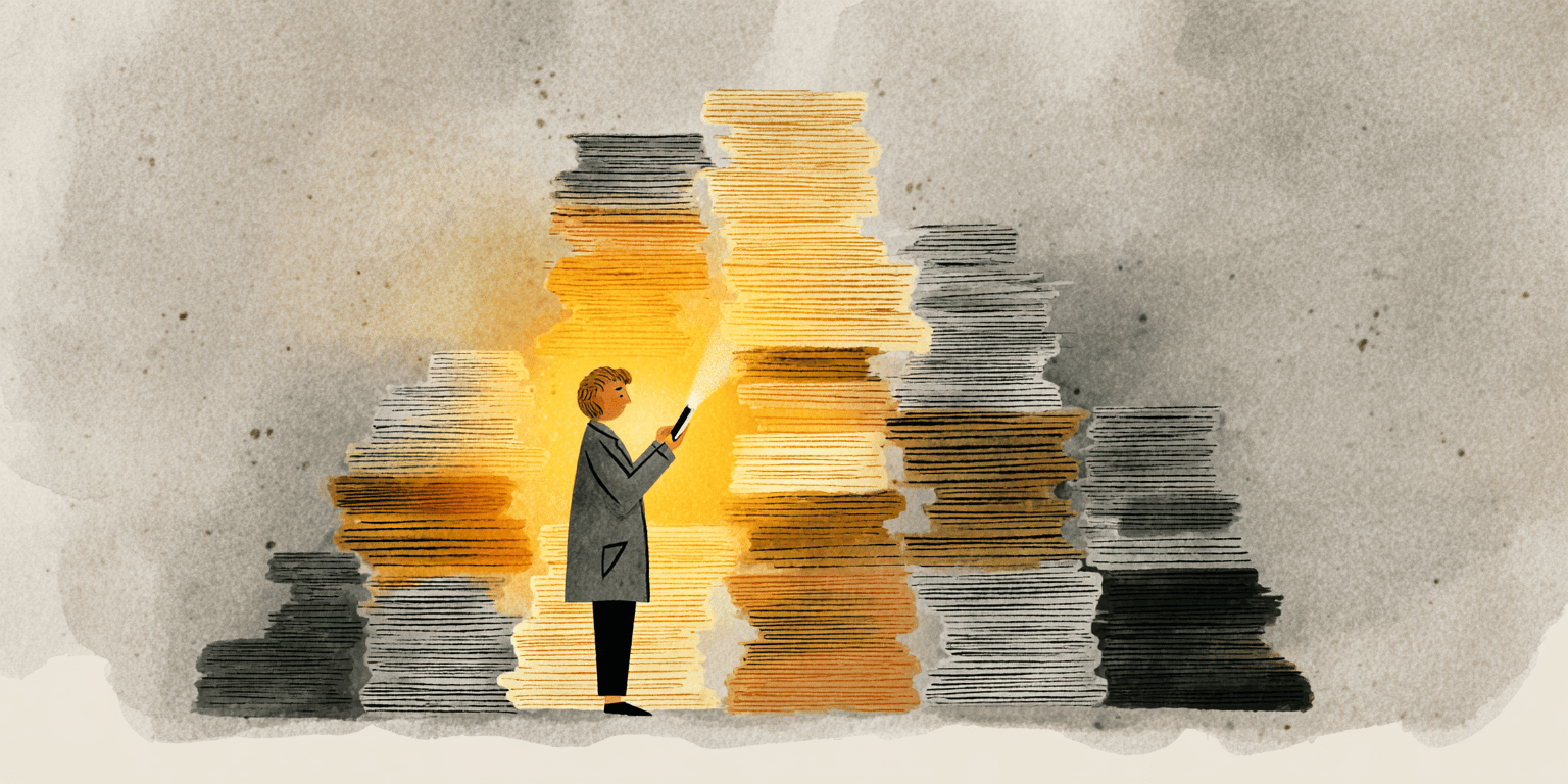 AI contract review app - person with glowing smartphone scanning through stacks of legal documents