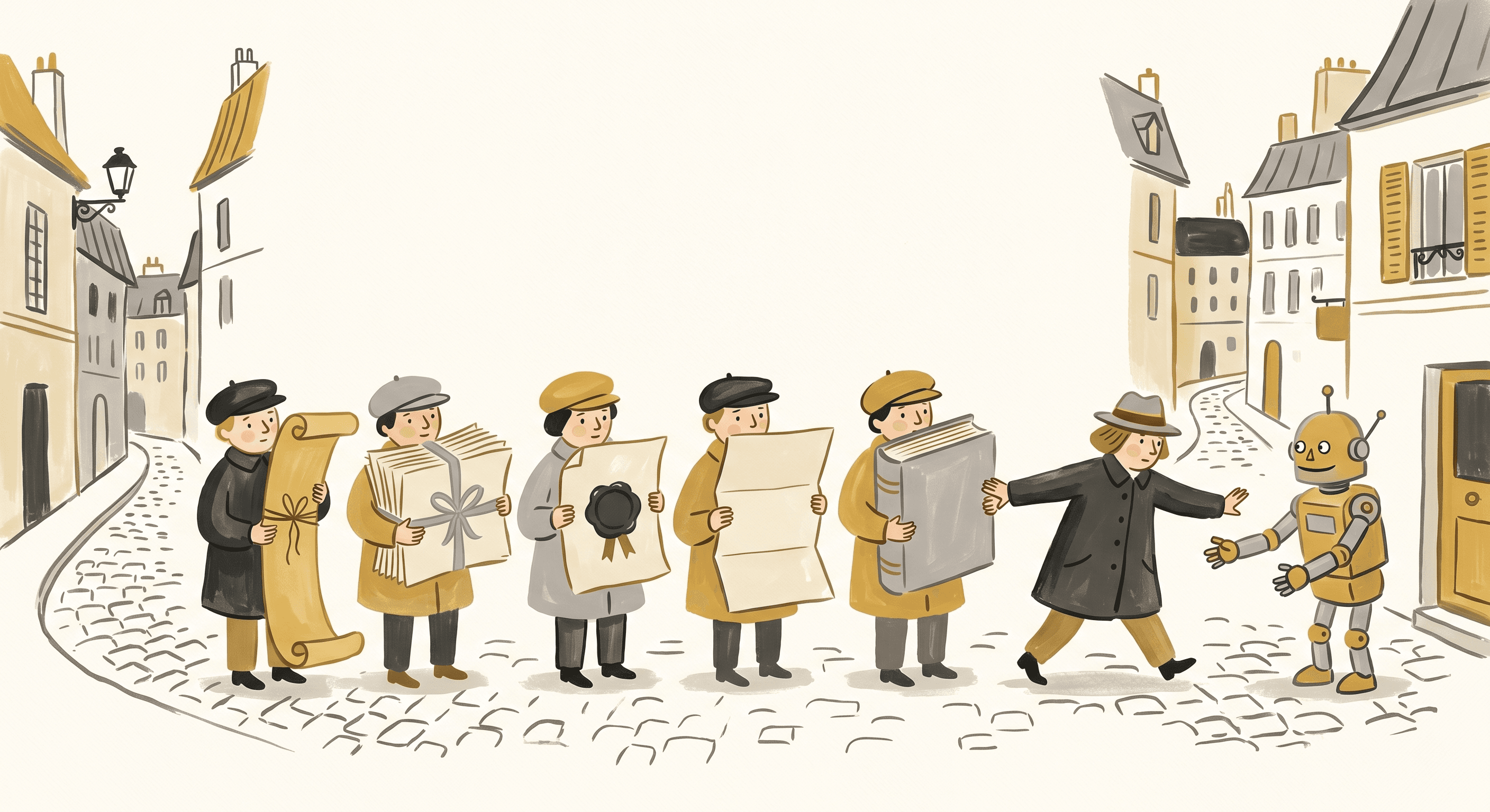 Five figures on a cobblestone street each holding a different document, a sixth person stepping between them and a small robot