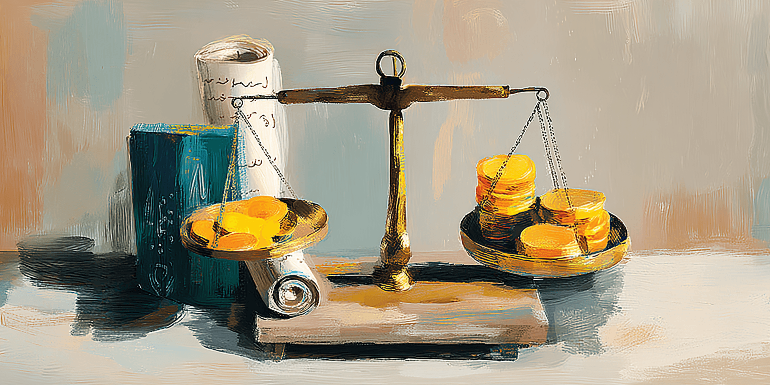 Old-fashioned brass weighing scale balancing cost and value of document comparison software