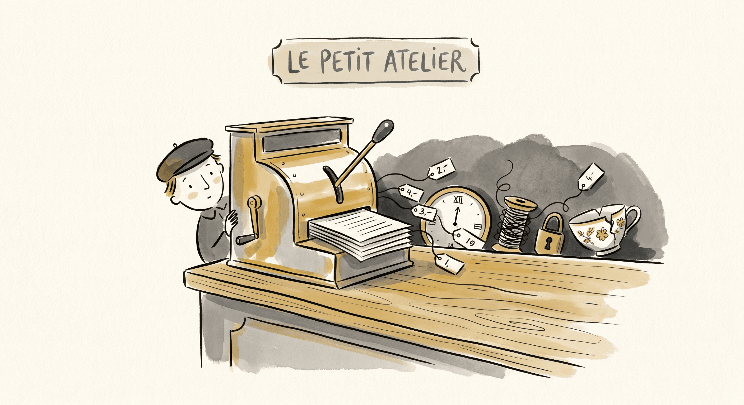Figure at a shop counter peering behind a polished machine to discover hidden price tags on a clock, padlock, and cracked teacup