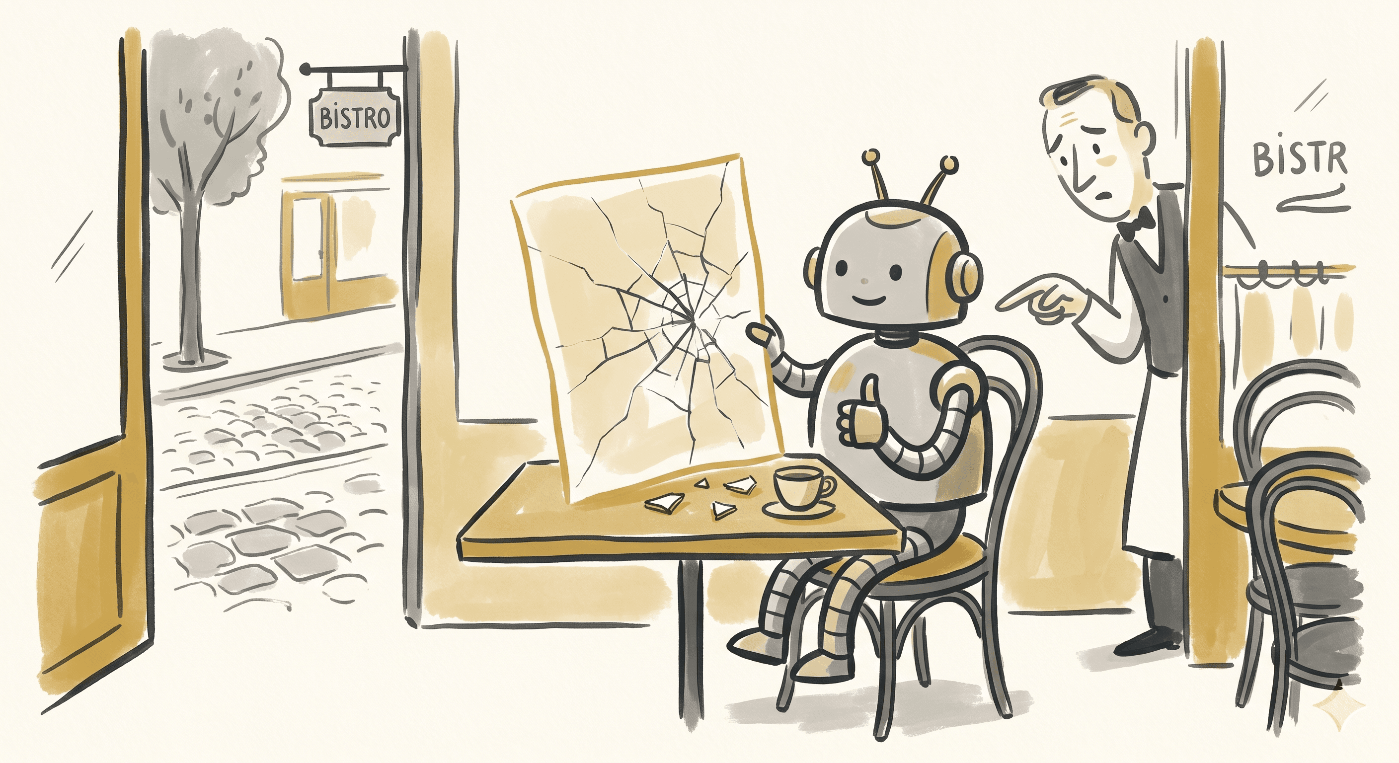 Cheerful robot at a cafe table giving thumbs up while reading a cracked document, a person in the doorway pointing at the cracks