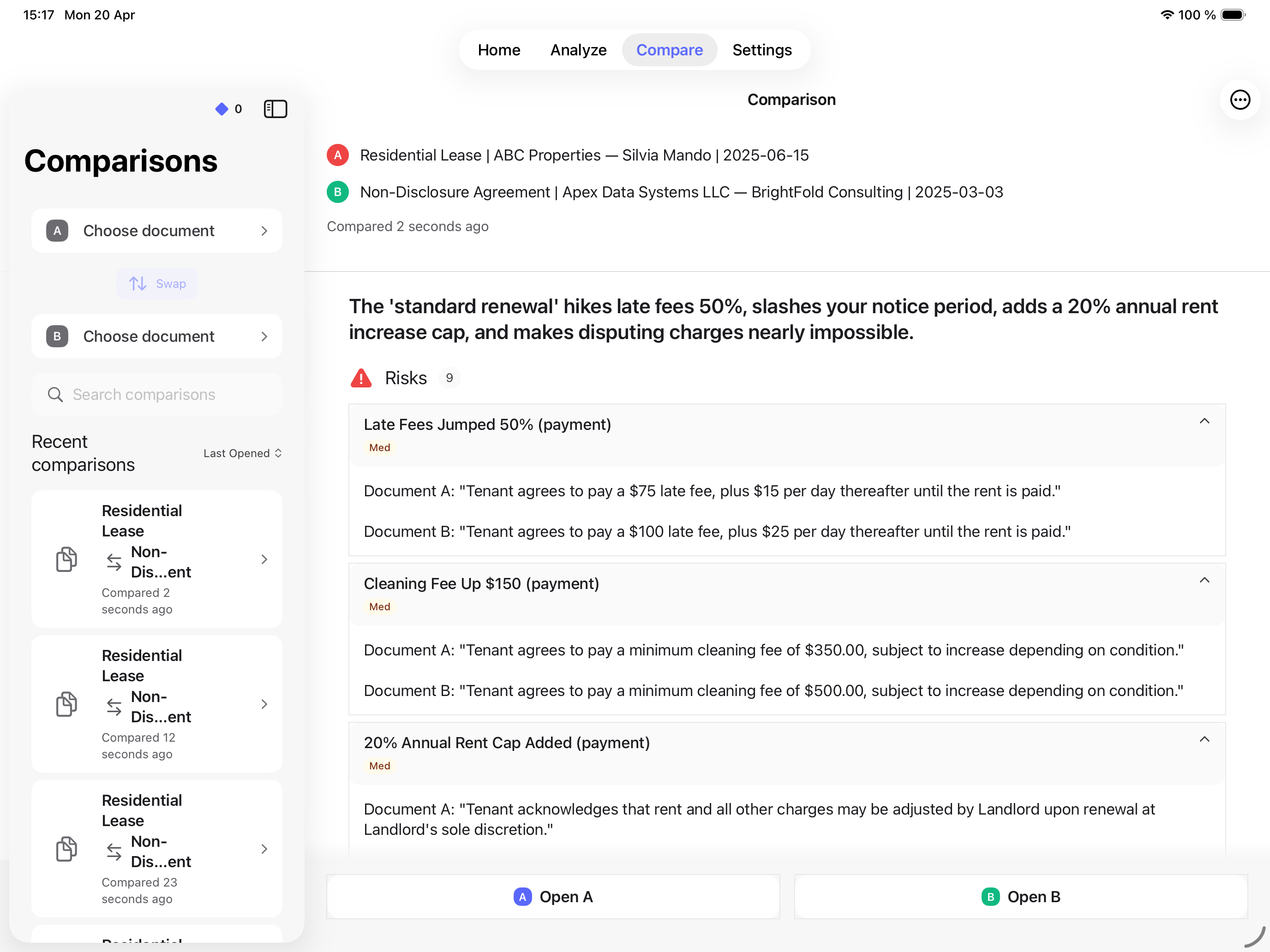 Pact AI document comparison on iPad showing risk-scored differences between two contract versions