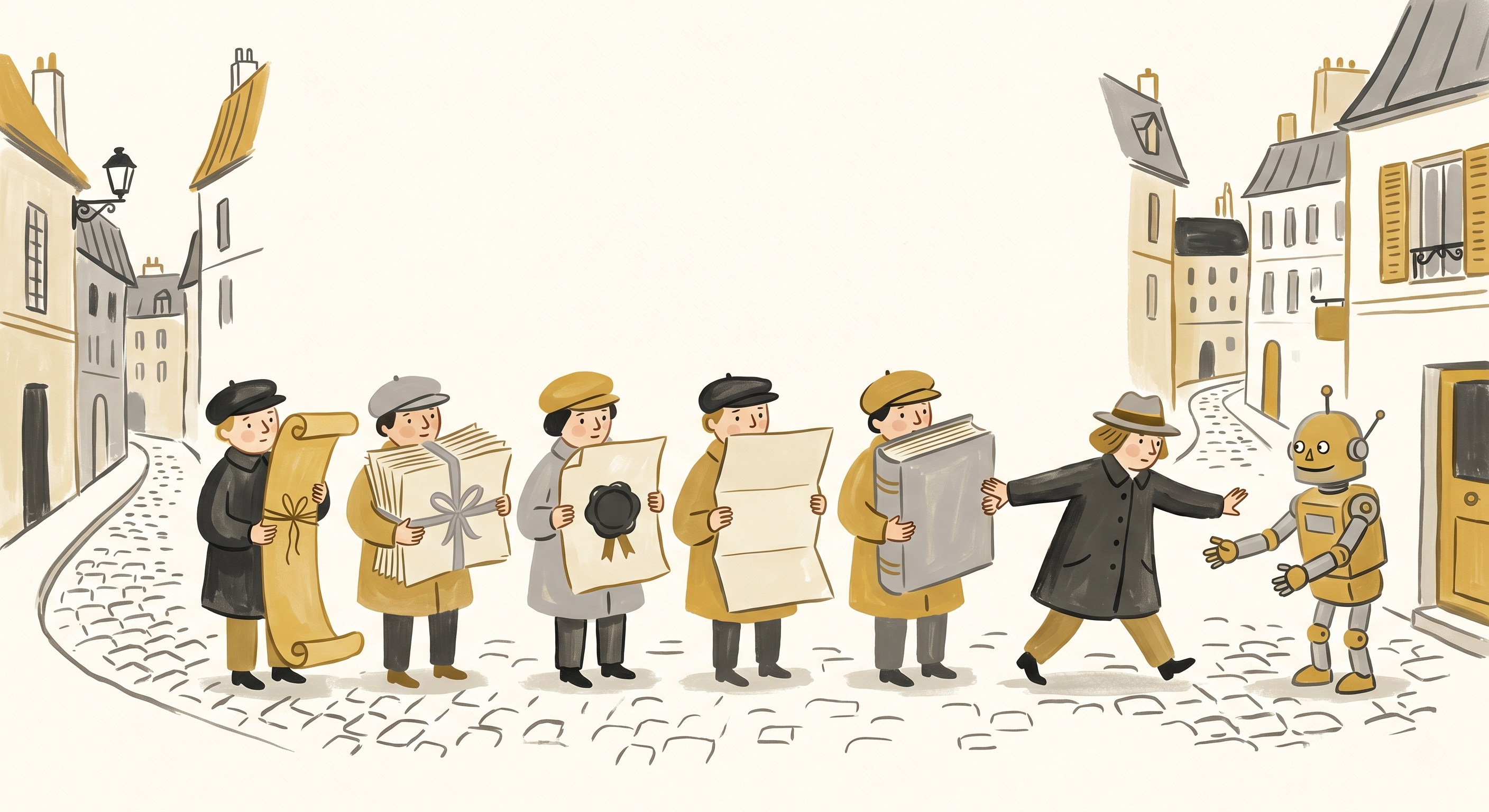 Five figures on a cobblestone street each holding a different document, a sixth person stepping between them and a small robot