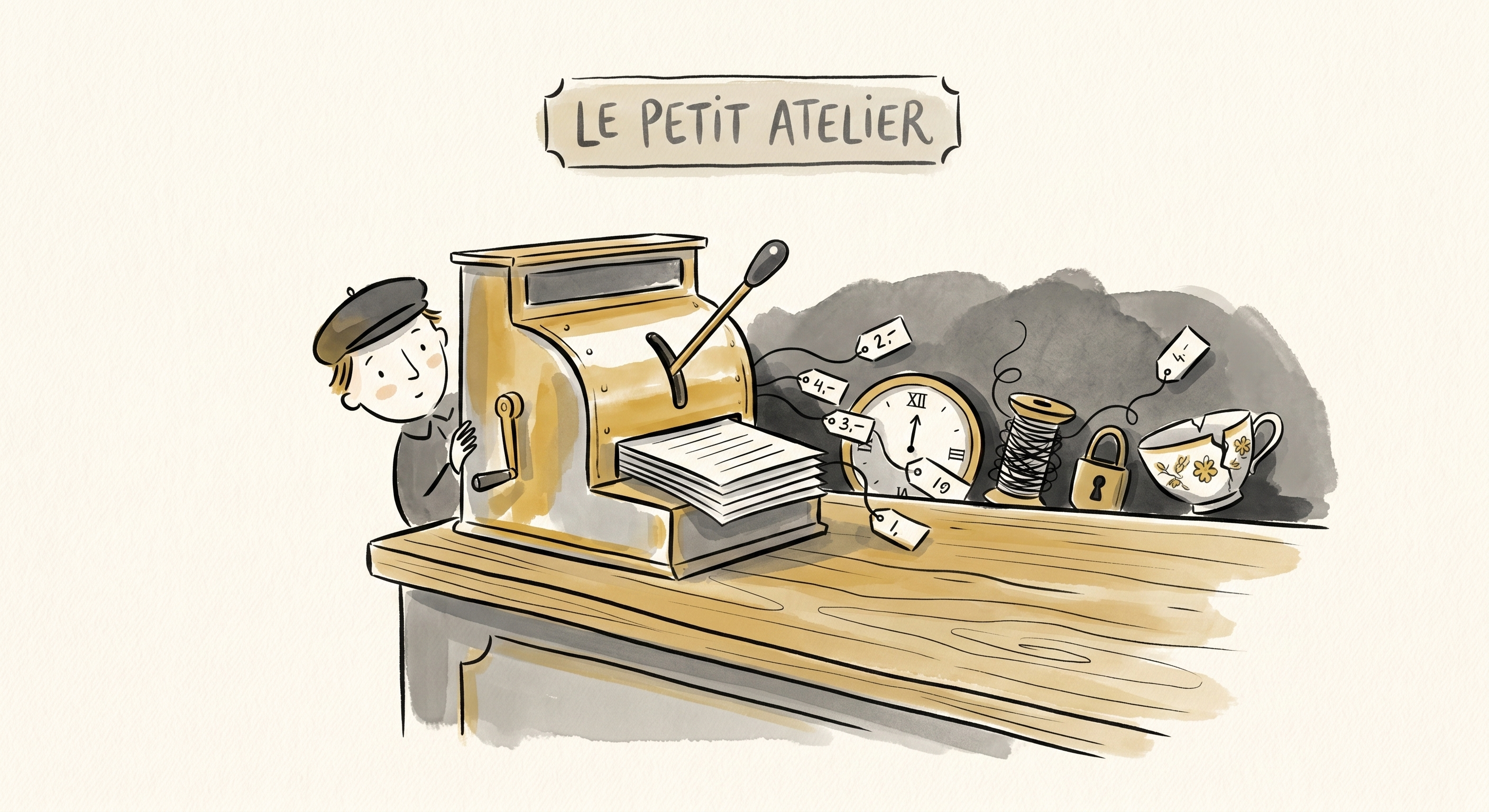 Figure at a shop counter peering behind a polished machine to discover hidden price tags on a clock, padlock, and cracked teacup