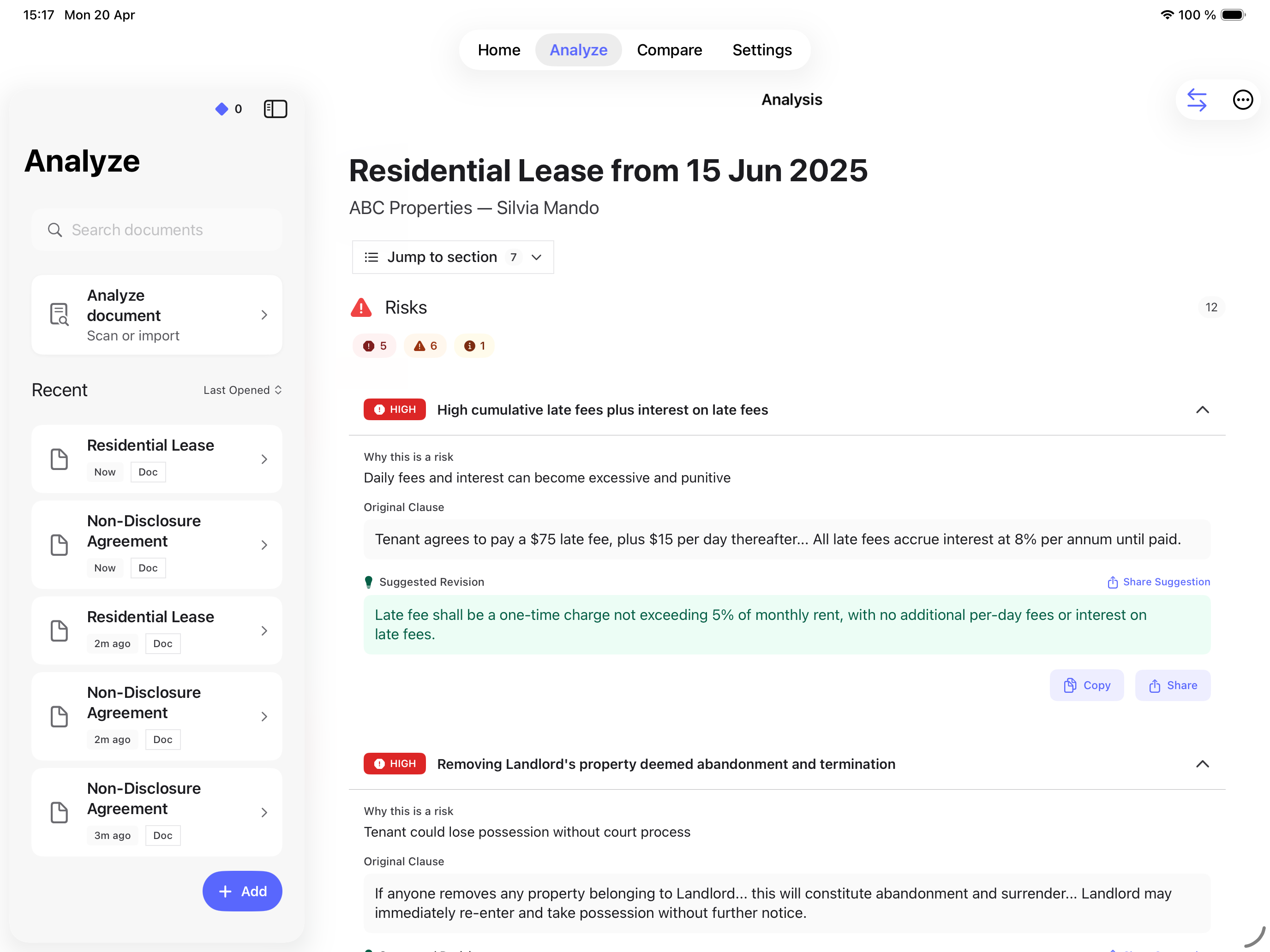 Pact AI analyzing a residential lease on iPad, showing 12 risk items with the first card expanded to reveal the original high-fee clause in red and a suggested fair revision in green