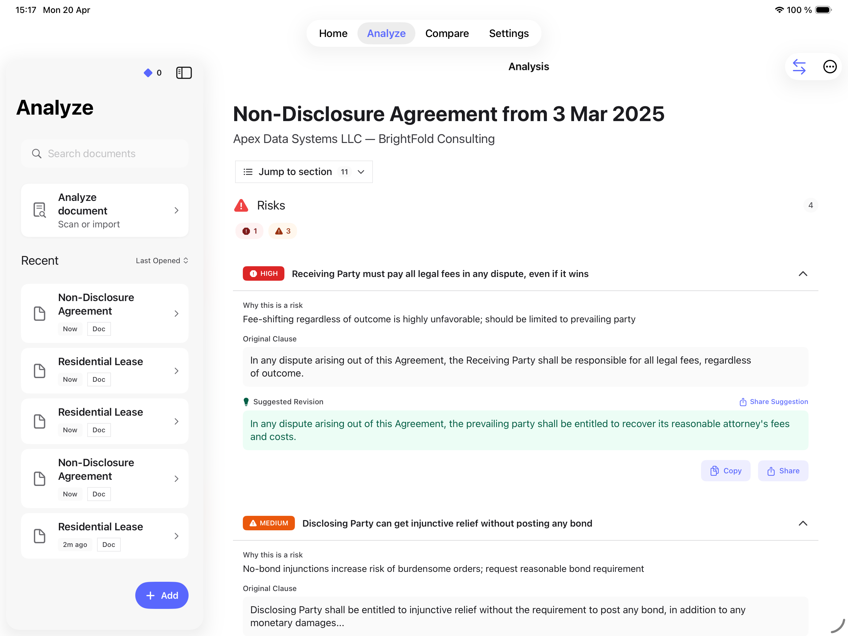 Pact AI analyzing a non-disclosure agreement on iPad, showing risk analysis with an expanded card highlighting an unfavorable fee-shifting clause and its suggested revision